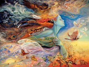 goddess with birds and feathers. Josephine Wall art.
