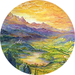 Scenic mountain landscape painting with a sunset in the background to illustrate soul retrieval.