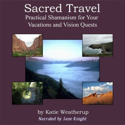 Audiobook cover for Sacred Travel with images of travel locations.