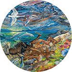 A circular painting showcasing a variety of animals and birds in vibrant colors for option to "Get a Power Animal"