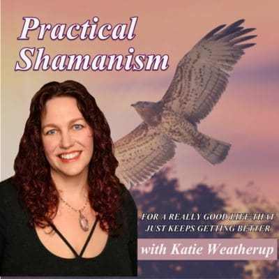 Picture of Katie Weatherup with background of hawk flying above landscape.  Cover art for the Practical Shamanism Podcast.
